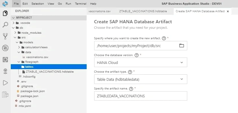 Create SAP HANA Database Artifact