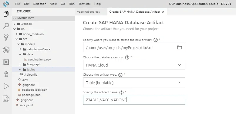 Create SAP HANA Database Artifact