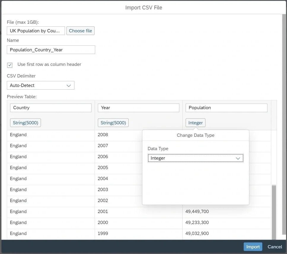 import csv file datasphere